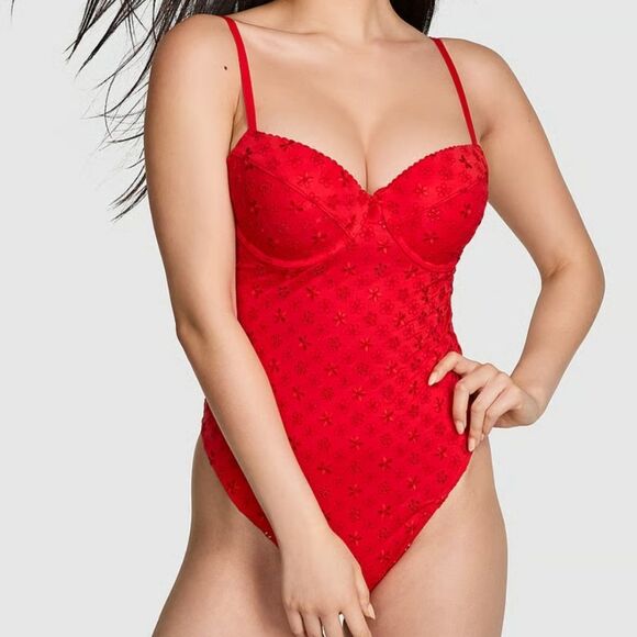 1308 NWT PINK by Frankies Bikinis Nova Eyelet One-Piece Swimsuit Sz XL - Picture 2 of 7